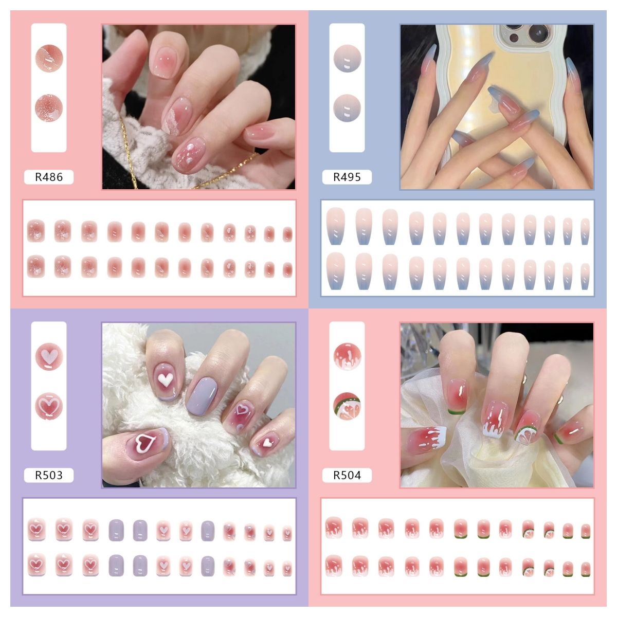 Ms.Miemie 24pcs Fake Nails Reusable Stick On Nails Press on Full Cover False Nail Tips with Jelly Stickers Makeup Accessorise