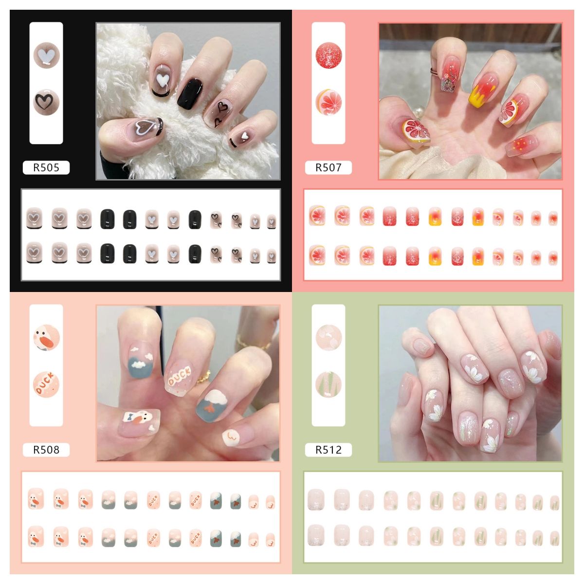 Ms.Miemie 24pcs Fake Nails Reusable Stick On Nails Press on Full Cover False Nail Tips with Jelly Stickers Makeup Accessorise