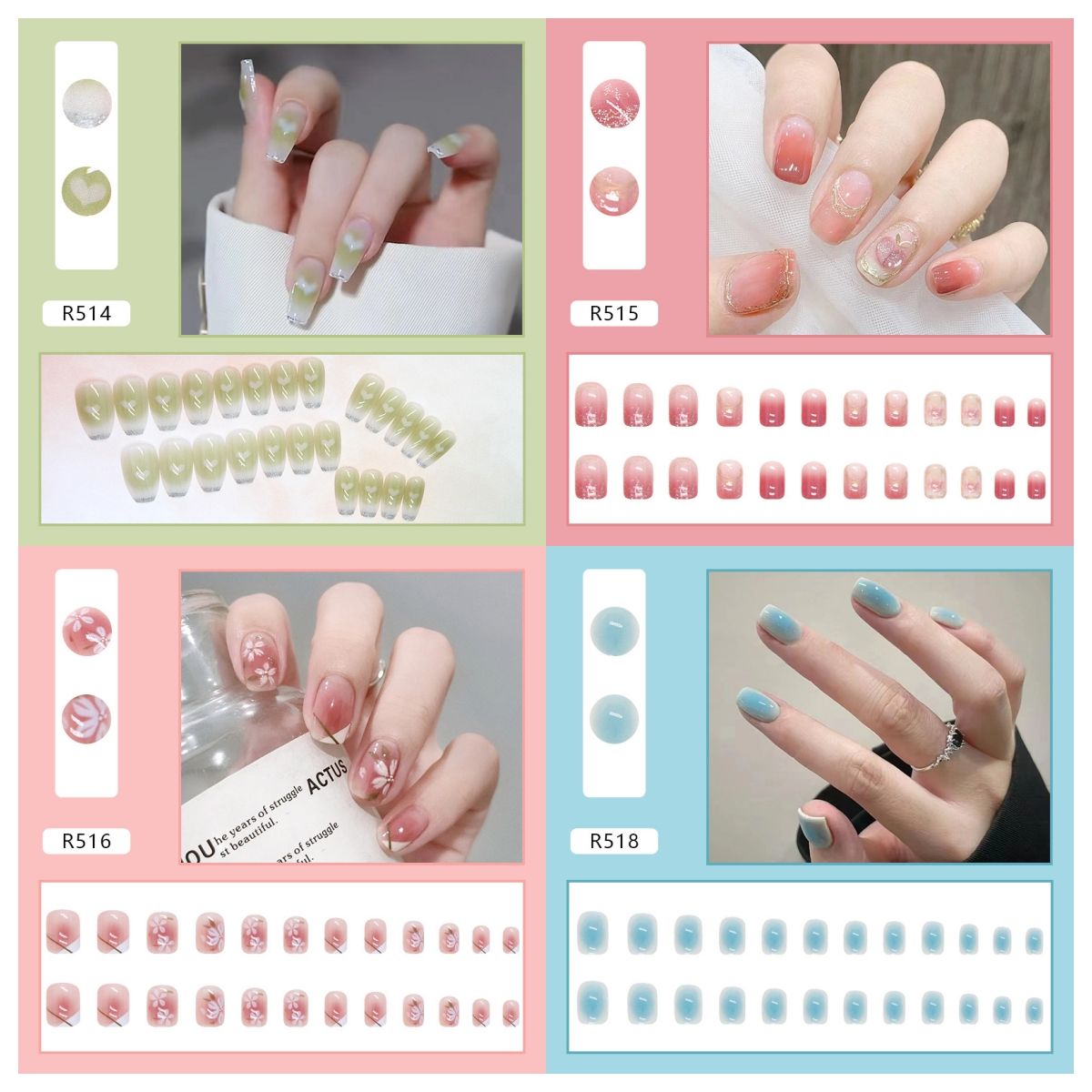 Ms.Miemie 24pcs Fake Nails Reusable Stick On Nails Press on Full Cover False Nail Tips with Jelly Stickers Makeup Accessorise