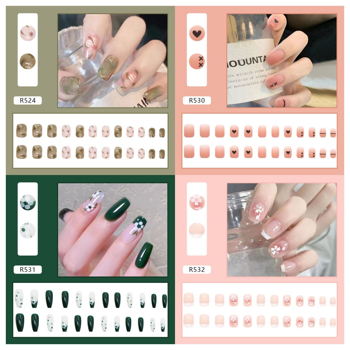Ms.Miemie 24pcs Fake Nails Reusable Stick On Nails Press on Full Cover False Nail Tips with Jelly Stickers Makeup Accessorise
