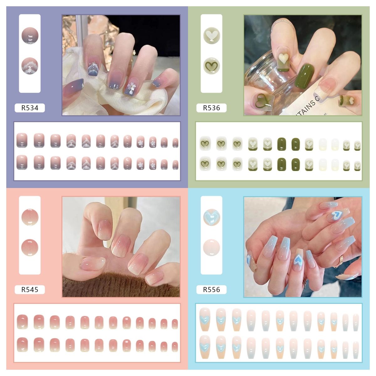 Ms.Miemie 24pcs Fake Nails Reusable Stick On Nails Press on Full Cover False Nail Tips with Jelly Stickers Makeup Accessorise