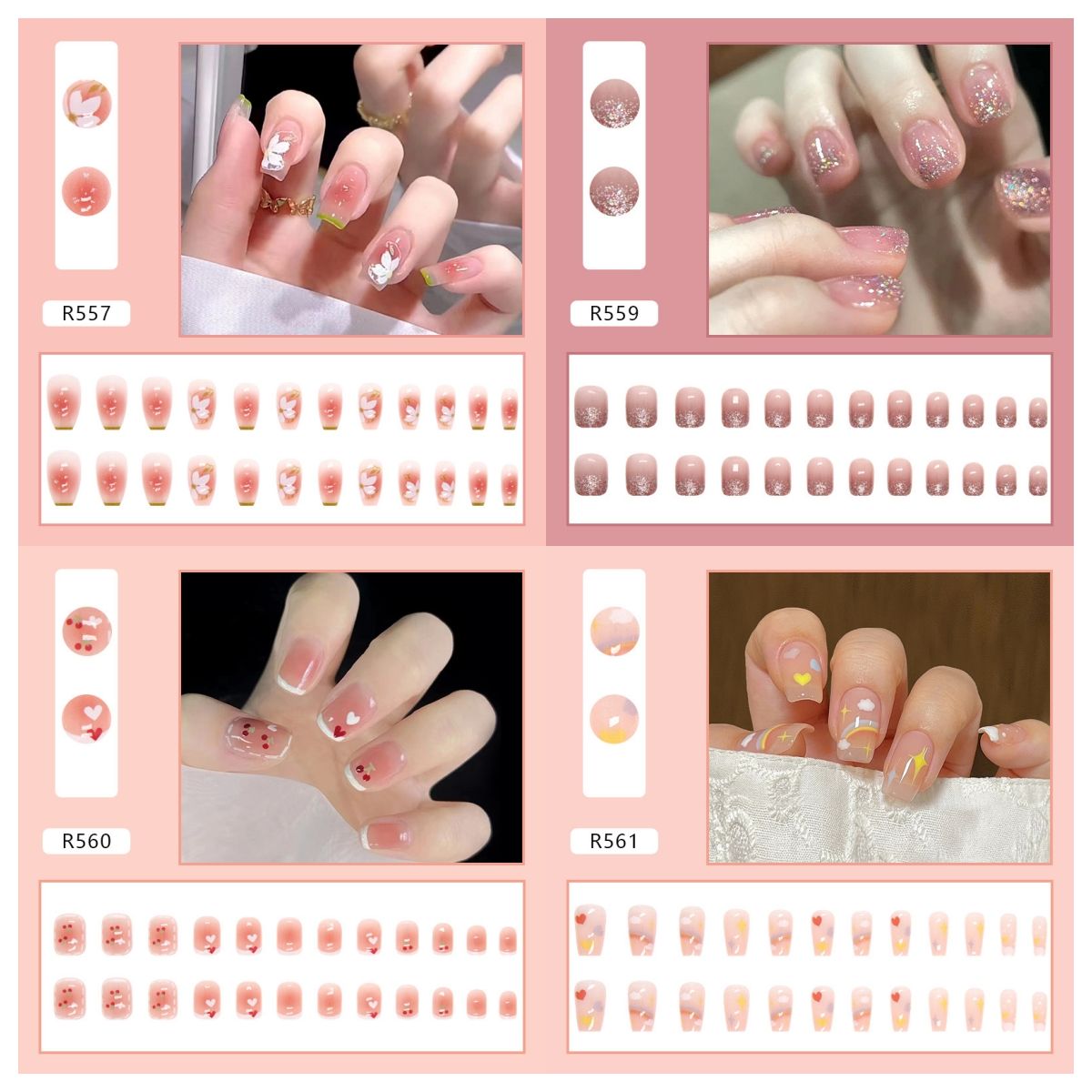 Ms.Miemie 24pcs Fake Nails Reusable Stick On Nails Press on Full Cover False Nail Tips with Jelly Stickers Makeup Accessorise
