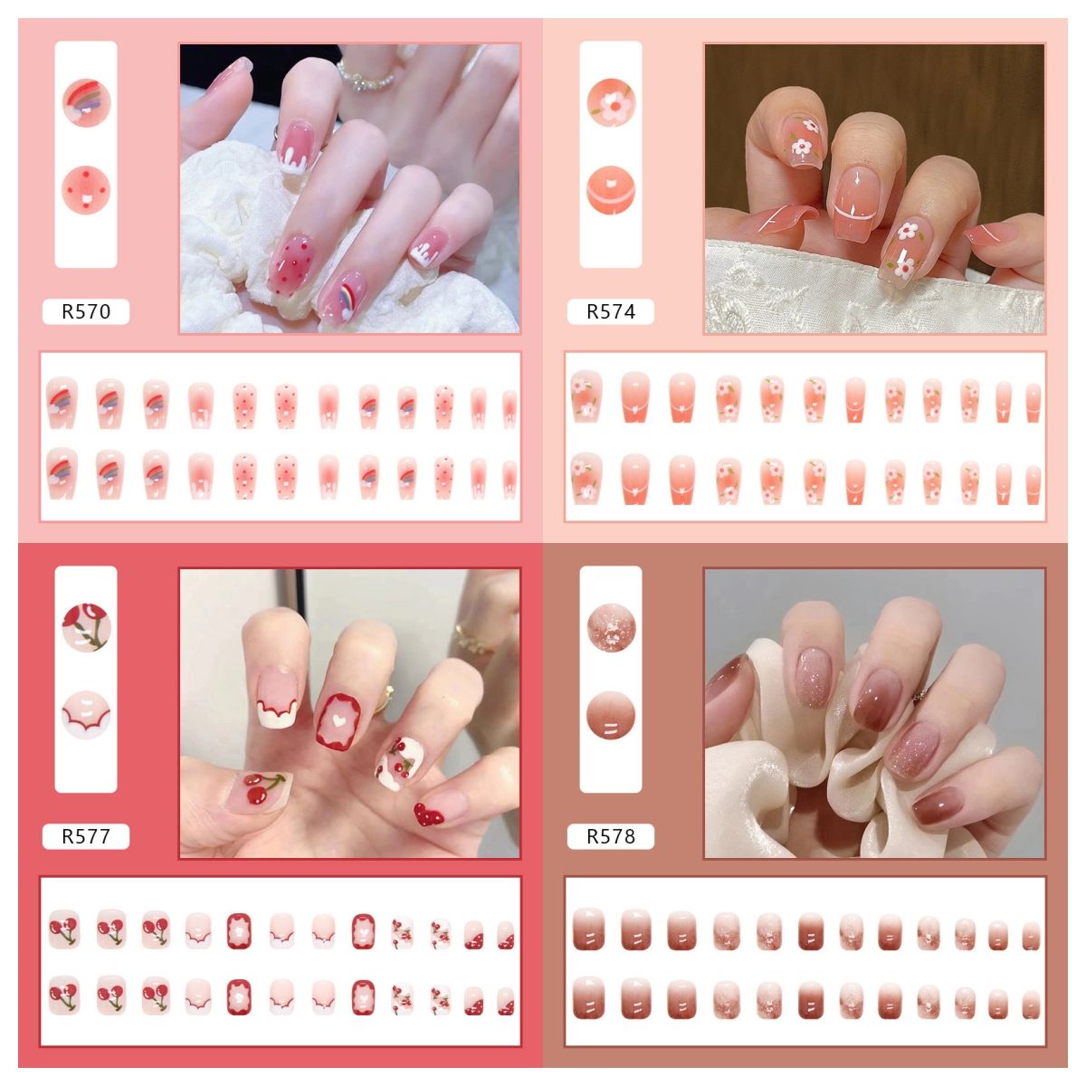 Ms.Miemie 24pcs Fake Nails Reusable Stick On Nails Press on Full Cover False Nail Tips with Jelly Stickers Makeup Accessorise