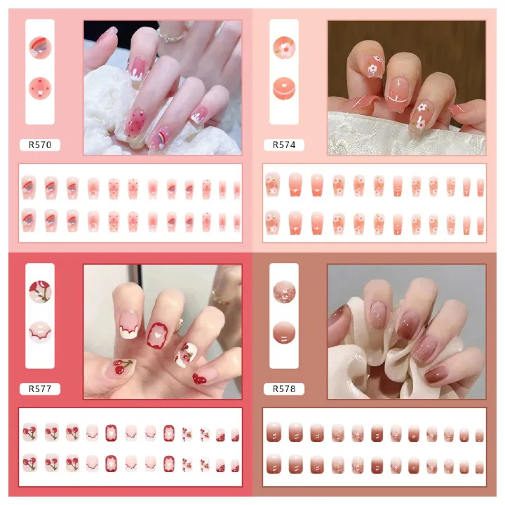Ms.Miemie 24pcs Fake Nails Reusable Stick On Nails Press on Full Cover False Nail Tips with Jelly Stickers Makeup Accessorise