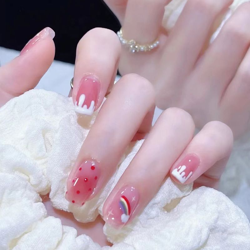 Ms.Miemie 24pcs Fake Nails Reusable Stick On Nails Press on Full Cover False Nail Tips with Jelly Stickers Makeup Accessorise