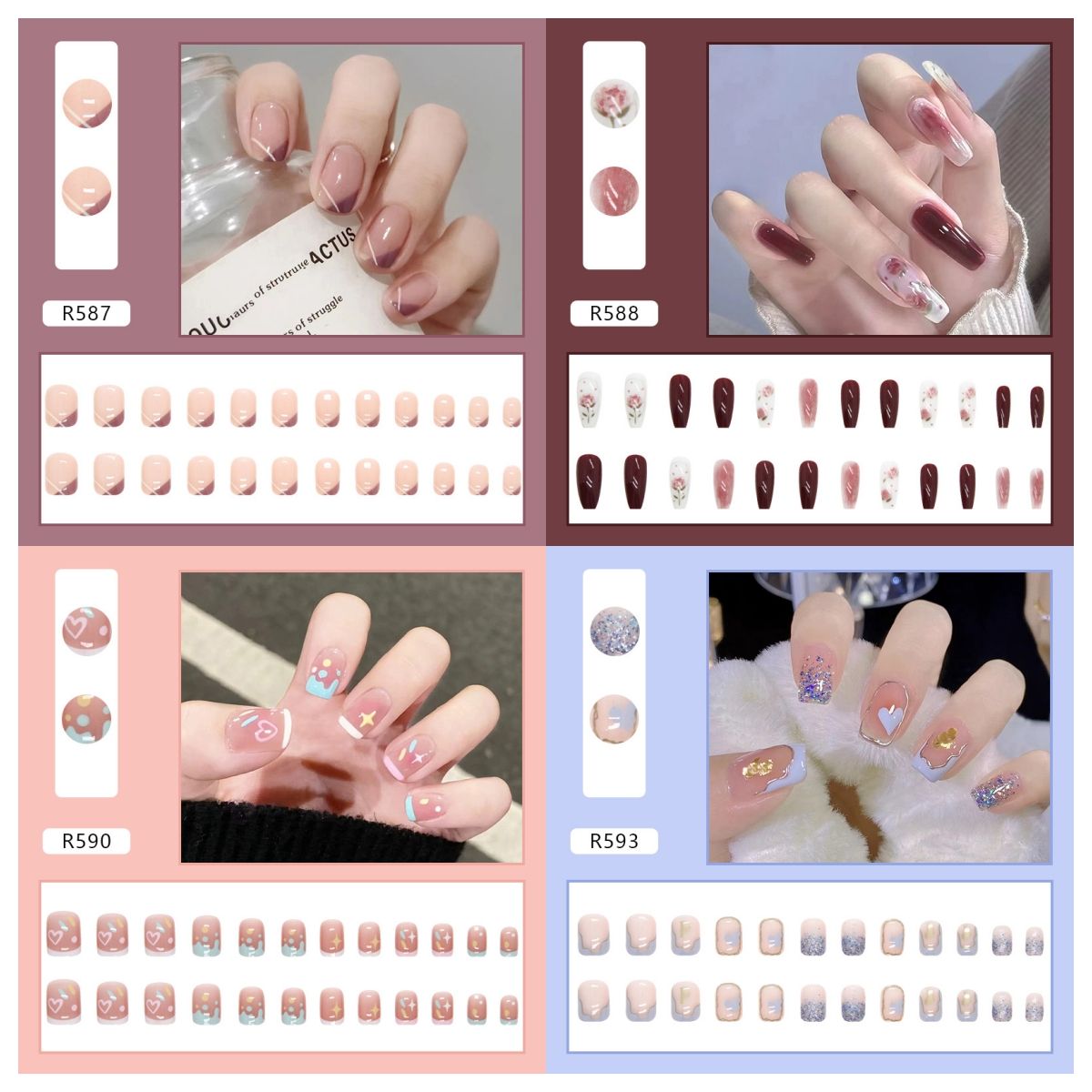 Ms.Miemie 24pcs Fake Nails Reusable Stick On Nails Press on Full Cover False Nail Tips with Jelly Stickers Makeup Accessorise
