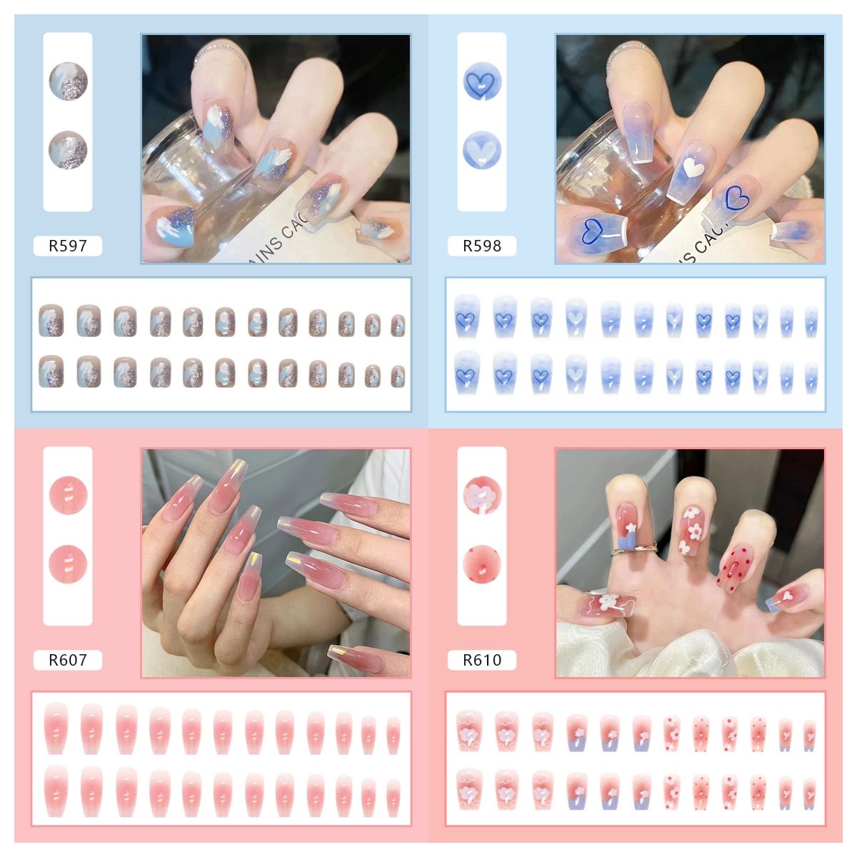 Ms.Miemie 24pcs Fake Nails Reusable Stick On Nails Press on Full Cover False Nail Tips with Jelly Stickers Makeup Accessorise