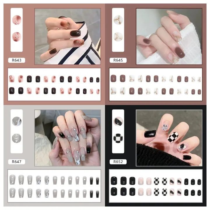 Ms.Miemie 24pcs Fake Nails Reusable Stick On Nails Press on Full Cover False Nail Tips with Jelly Stickers Makeup Accessorise