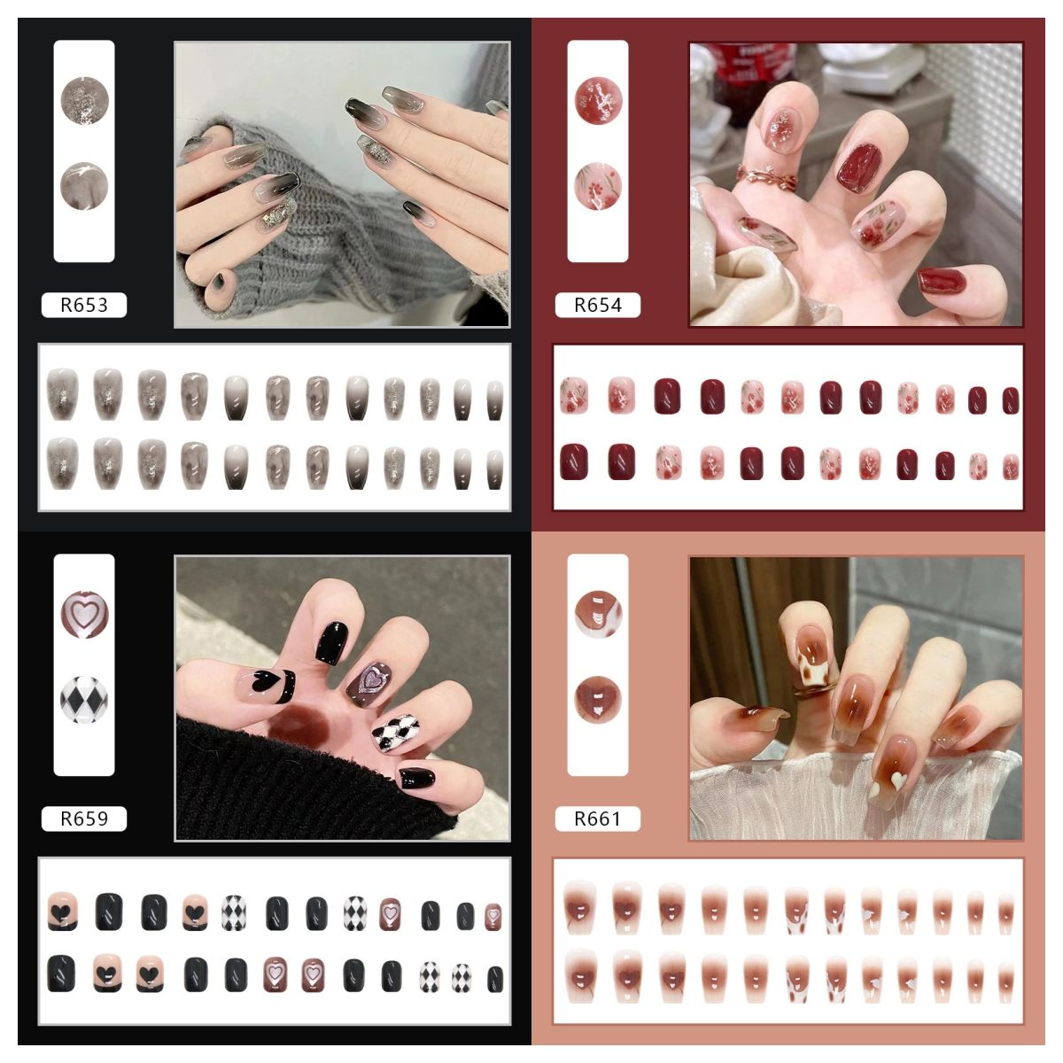 Ms.Miemie 24pcs Fake Nails Reusable Stick On Nails Press on Full Cover False Nail Tips with Jelly Stickers Makeup Accessorise