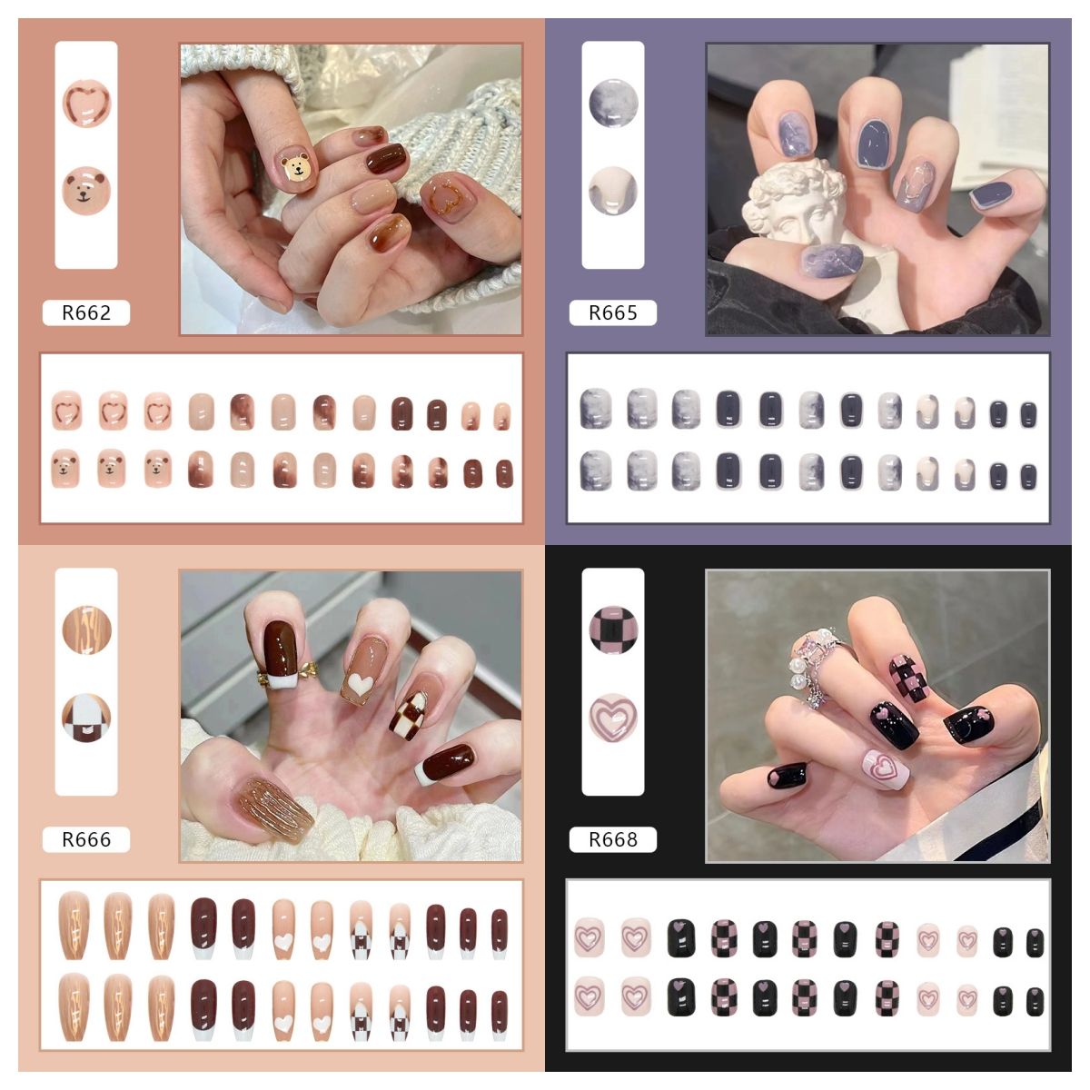 Ms.Miemie 24pcs Fake Nails Reusable Stick On Nails Press on Full Cover False Nail Tips with Jelly Stickers Makeup Accessorise