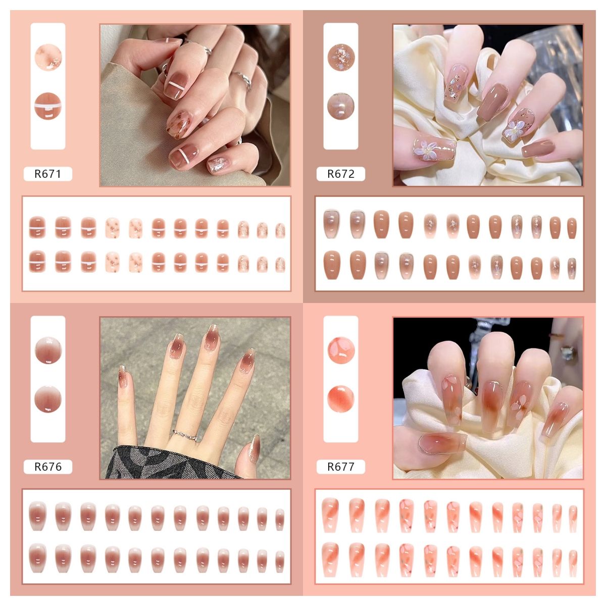 Ms.Miemie 24pcs Fake Nails Reusable Stick On Nails Press on Full Cover False Nail Tips with Jelly Stickers Makeup Accessorise