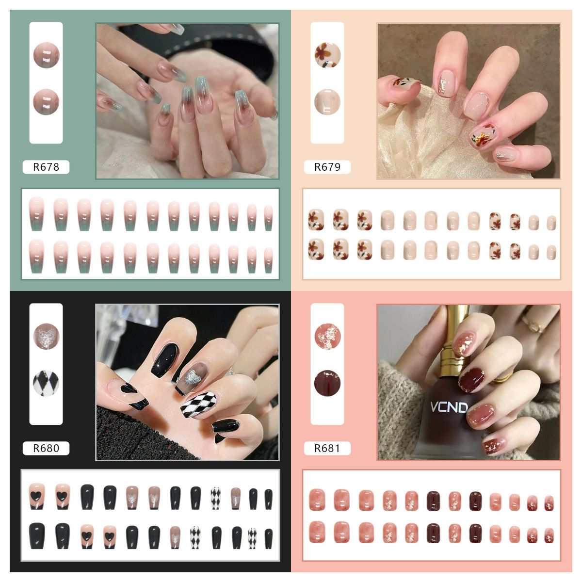 Ms.Miemie 24pcs Fake Nails Reusable Stick On Nails Press on Full Cover False Nail Tips with Jelly Stickers Makeup Accessorise