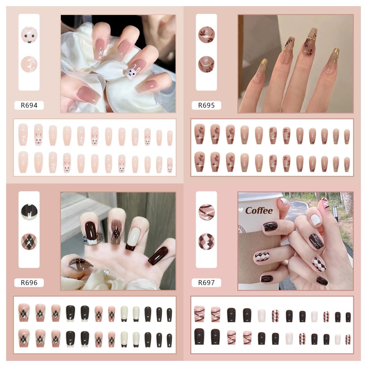 Ms.Miemie 24pcs Fake Nails Reusable Stick On Nails Press on Full Cover False Nail Tips with Jelly Stickers Makeup Accessorise