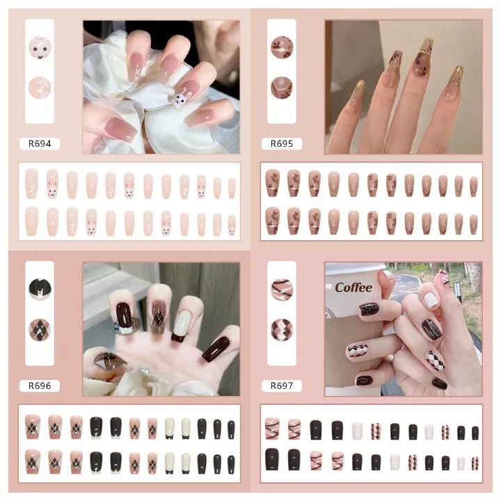 Ms.Miemie 24pcs Fake Nails Reusable Stick On Nails Press on Full Cover False Nail Tips with Jelly Stickers Makeup Accessorise