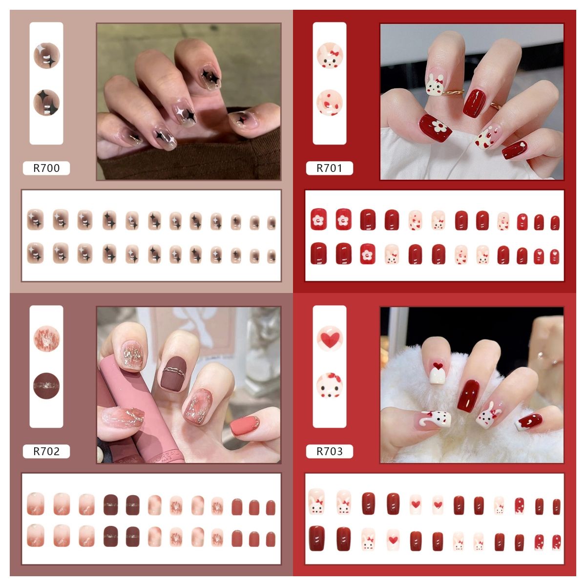 Ms.Miemie 24pcs Fake Nails Reusable Stick On Nails Press on Full Cover False Nail Tips with Jelly Stickers Makeup Accessorise