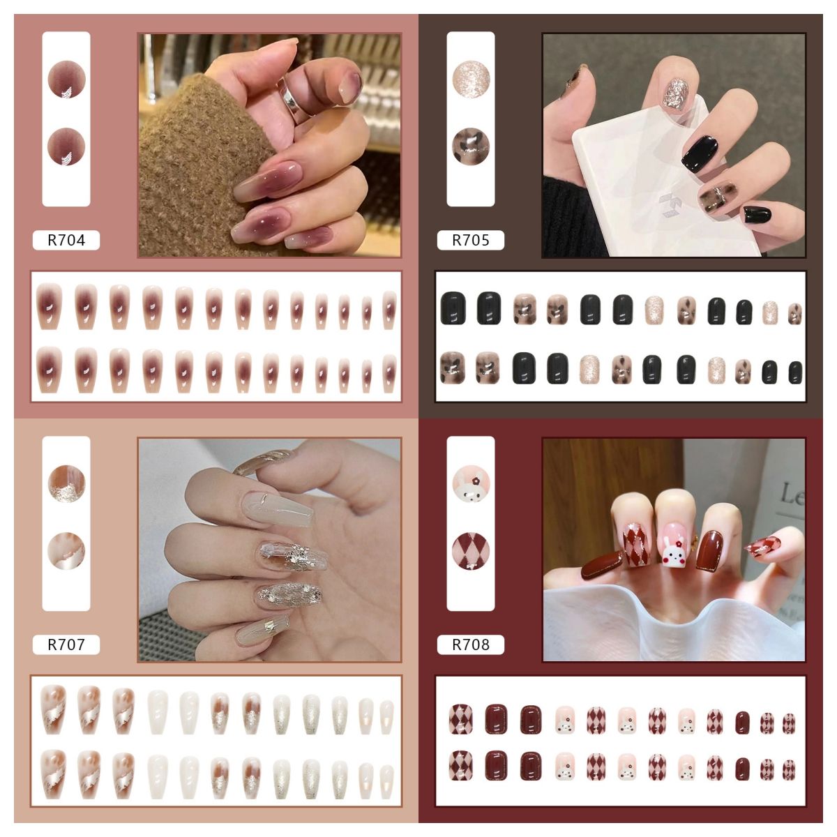 Ms.Miemie 24pcs Fake Nails Reusable Stick On Nails Press on Full Cover False Nail Tips with Jelly Stickers Makeup Accessorise