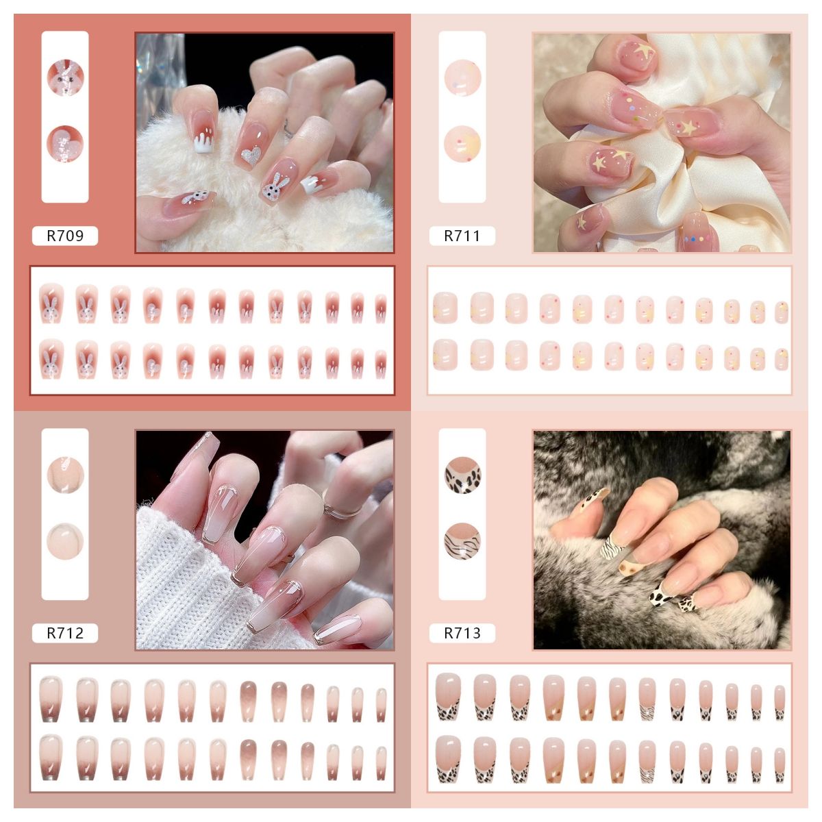 Ms.Miemie 24pcs Fake Nails Reusable Stick On Nails Press on Full Cover False Nail Tips with Jelly Stickers Makeup Accessorise