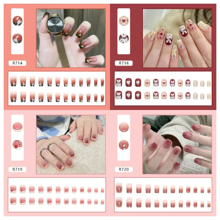 Ms.Miemie 24pcs Fake Nails Reusable Stick On Nails Press on Full Cover False Nail Tips with Jelly Stickers Makeup Accessorise