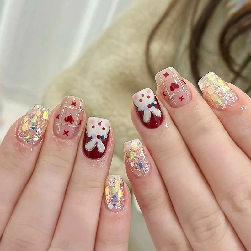 Ms.Miemie 24pcs Fake Nails Reusable Stick On Nails Press on Full Cover False Nail Tips with Jelly Stickers Makeup Accessorise