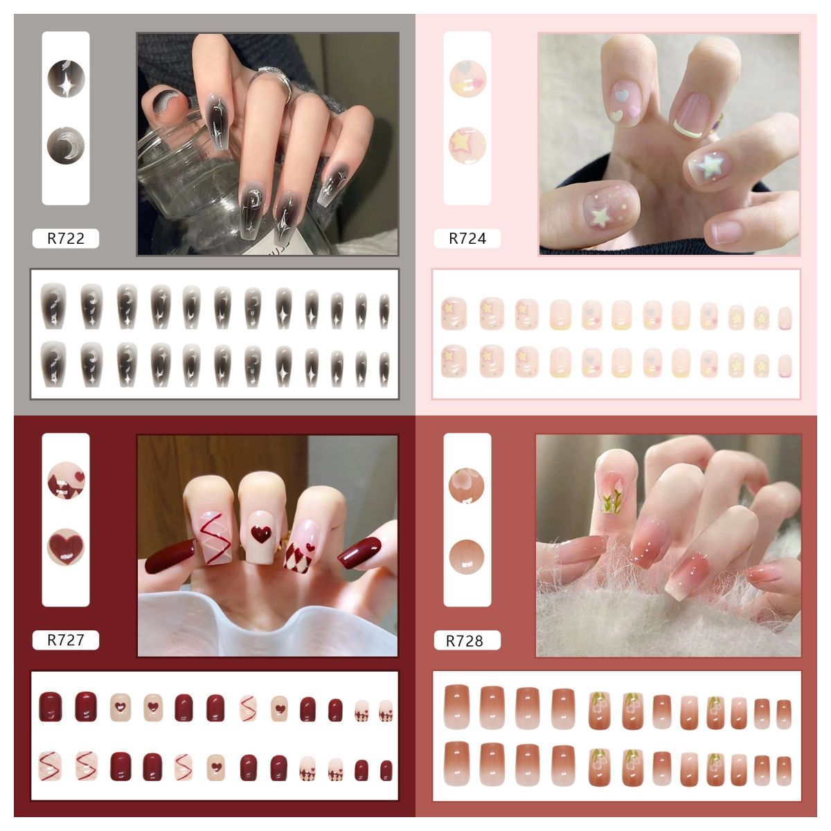 Ms.Miemie 24pcs Fake Nails Reusable Stick On Nails Press on Full Cover False Nail Tips with Jelly Stickers Makeup Accessorise