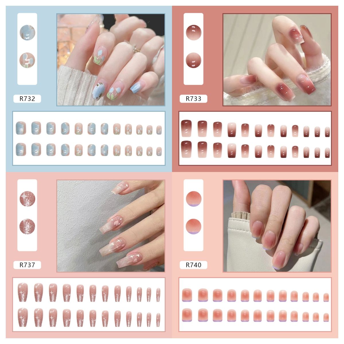 Ms.Miemie 24pcs Fake Nails Reusable Stick On Nails Press on Full Cover False Nail Tips with Jelly Stickers Makeup Accessorise