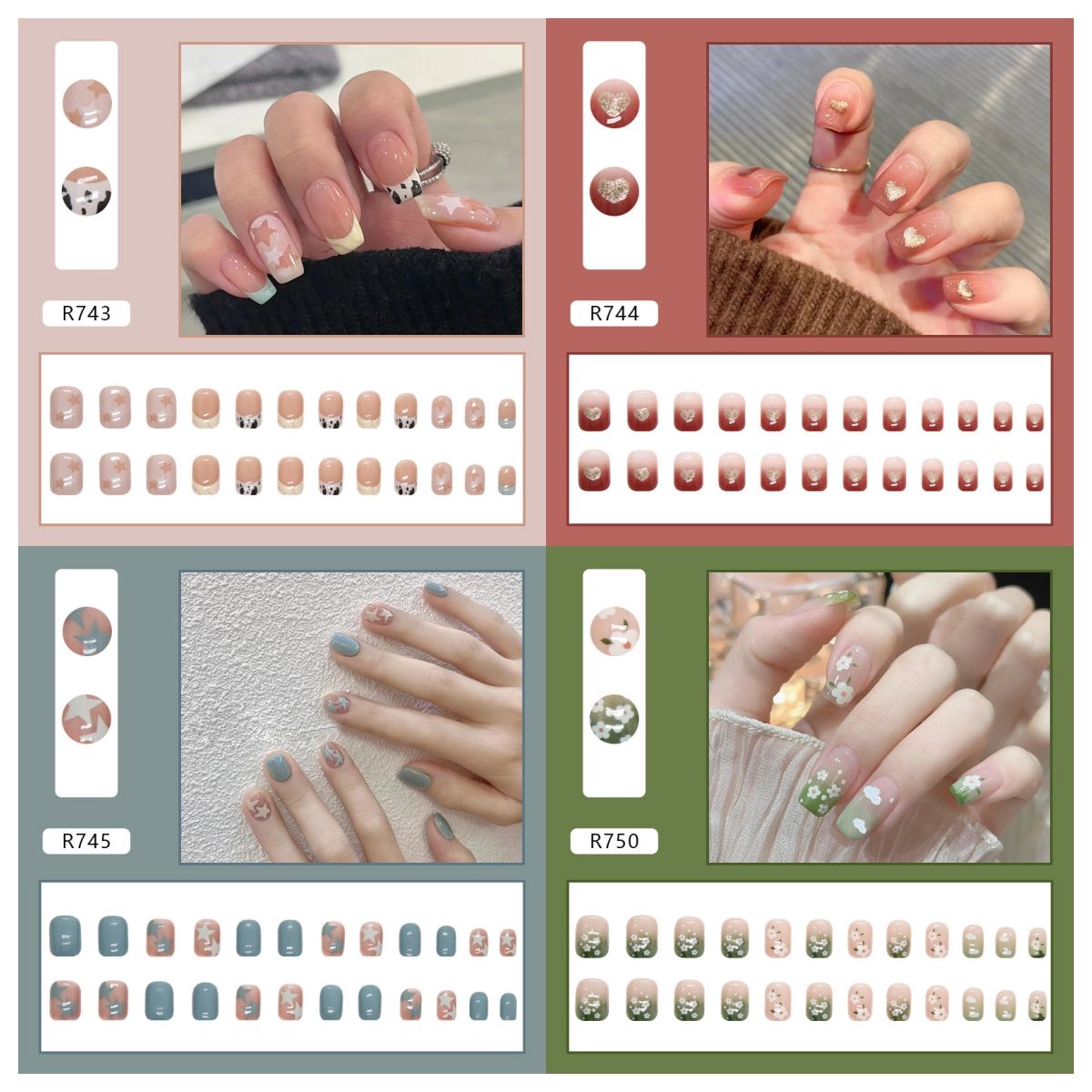 Ms.Miemie 24pcs Fake Nails Reusable Stick On Nails Press on Full Cover False Nail Tips with Jelly Stickers Makeup Accessorise