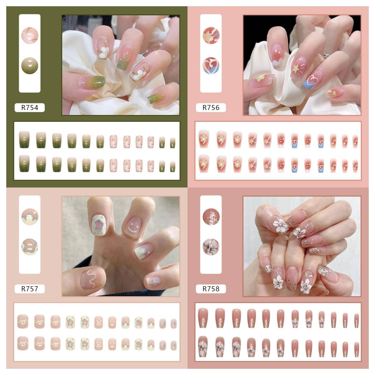 Ms.Miemie 24pcs Fake Nails Reusable Stick On Nails Press on Full Cover False Nail Tips with Jelly Stickers Makeup Accessorise
