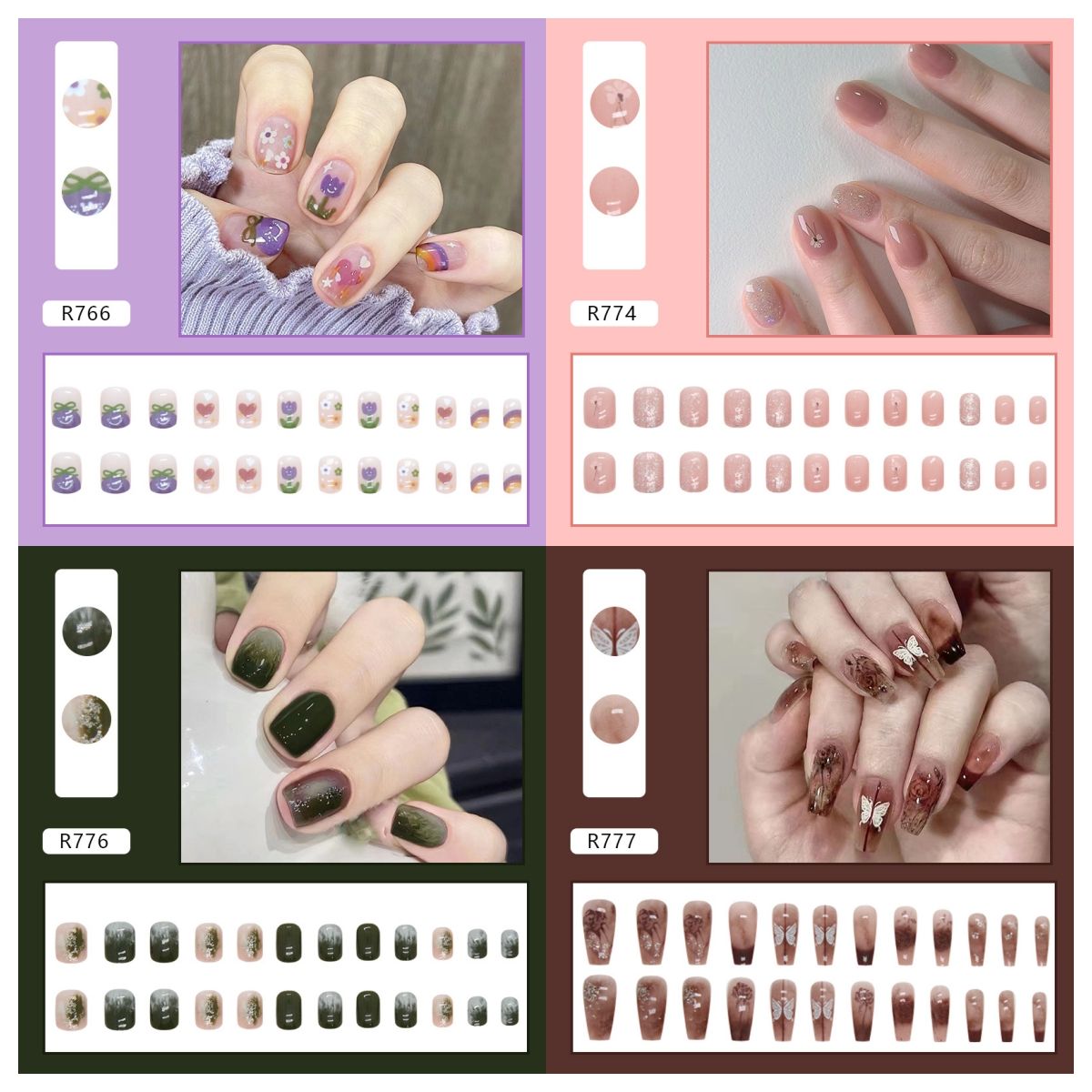 Ms.Miemie 24pcs Fake Nails Reusable Stick On Nails Press on Full Cover False Nail Tips with Jelly Stickers Makeup Accessorise