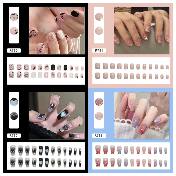 Ms.Miemie 24pcs Fake Nails Reusable Stick On Nails Press on Full Cover False Nail Tips with Jelly Stickers Makeup Accessorise