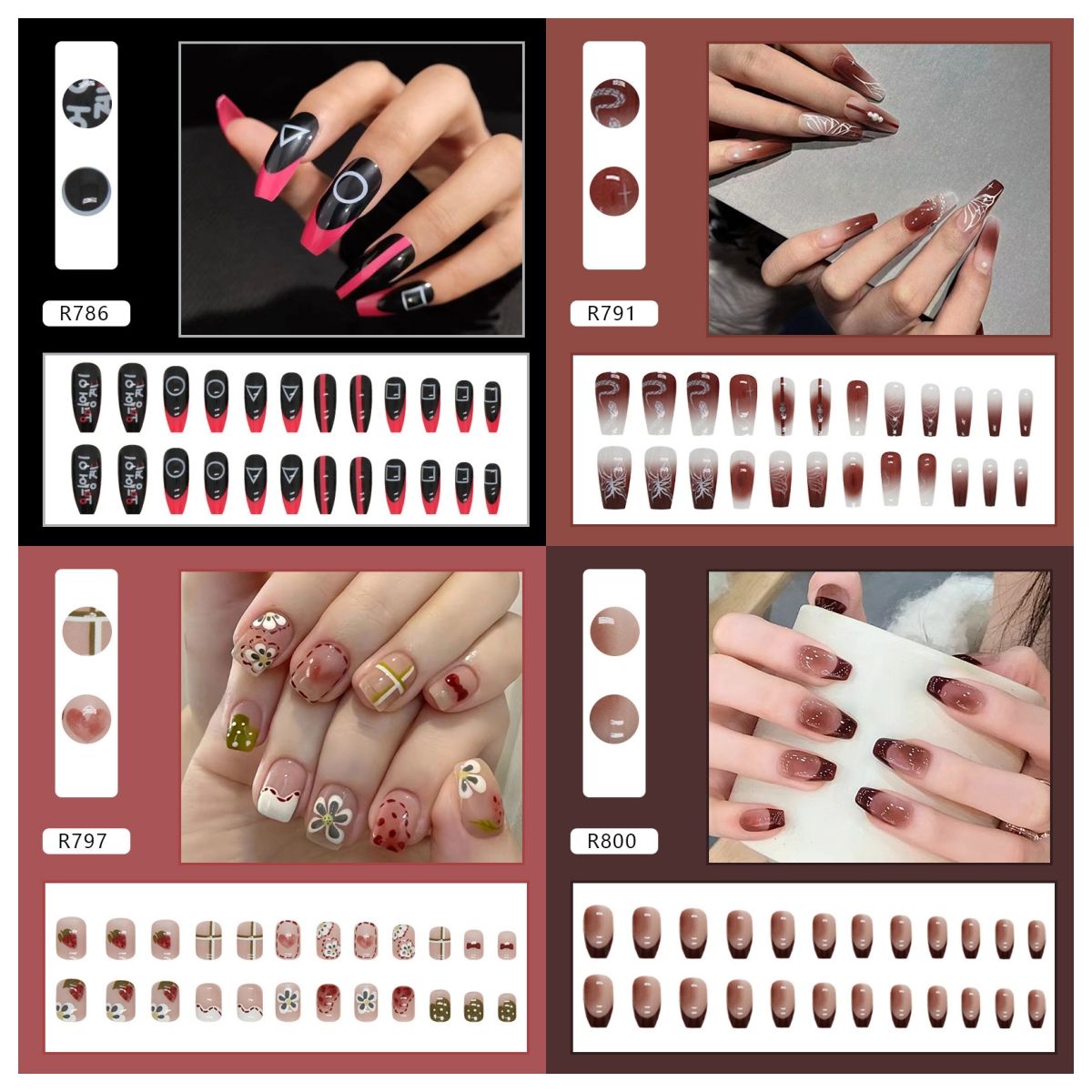 Ms.Miemie 24pcs Fake Nails Reusable Stick On Nails Press on Full Cover False Nail Tips with Jelly Stickers Makeup Accessorise