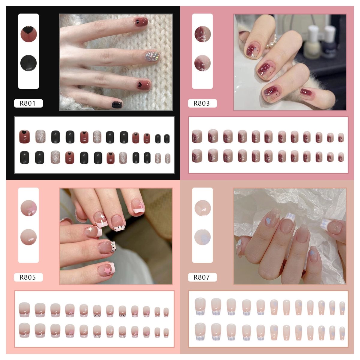 Ms.Miemie 24pcs Fake Nails Reusable Stick On Nails Press on Full Cover False Nail Tips with Jelly Stickers Makeup Accessorise