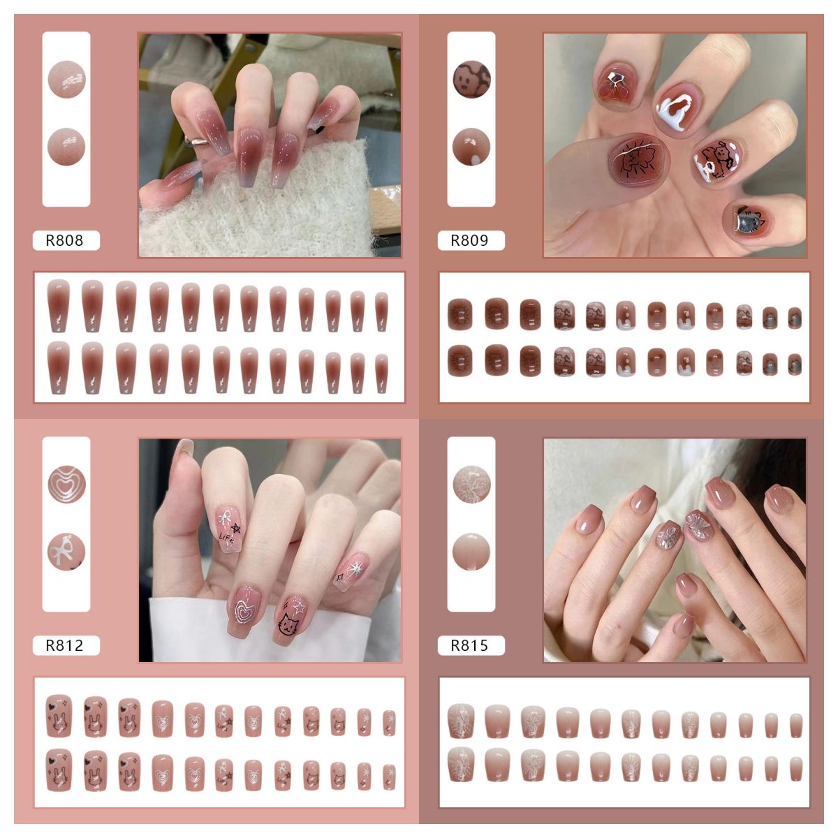 Ms.Miemie 24pcs Fake Nails Reusable Stick On Nails Press on Full Cover False Nail Tips with Jelly Stickers Makeup Accessorise