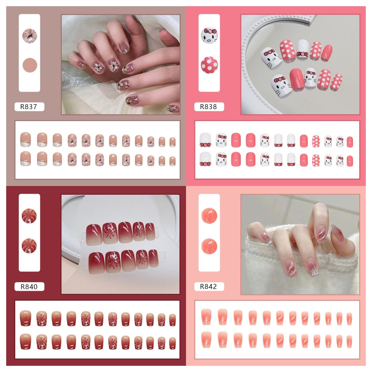 Ms.Miemie 24pcs Fake Nails Reusable Stick On Nails Press on Full Cover False Nail Tips with Jelly Stickers Makeup Accessorise