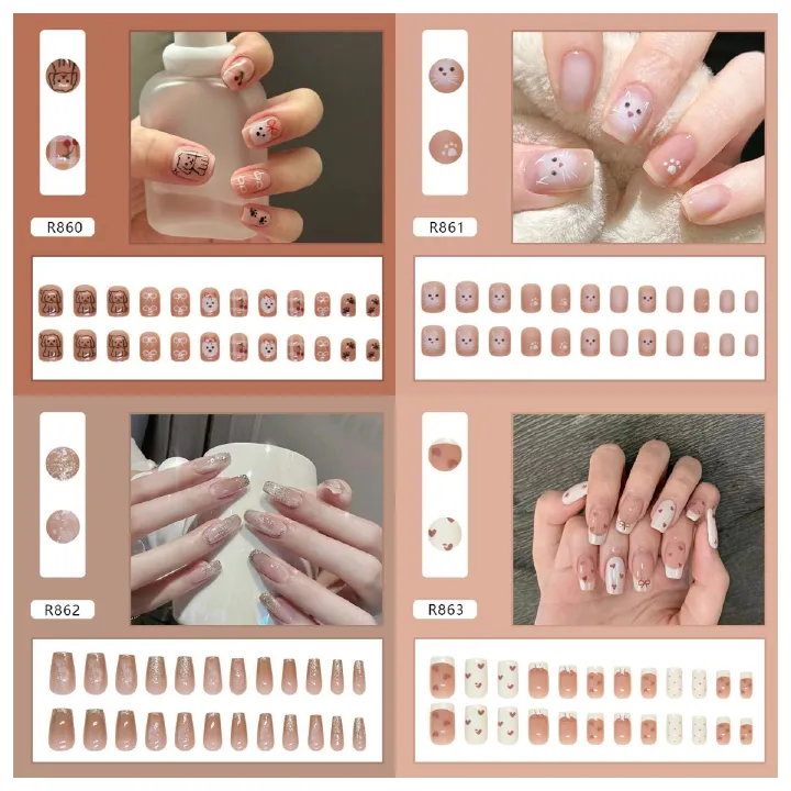 Ms.Miemie 24pcs Fake Nails Reusable Stick On Nails Press on Full Cover False Nail Tips with Jelly Stickers Makeup Accessorise