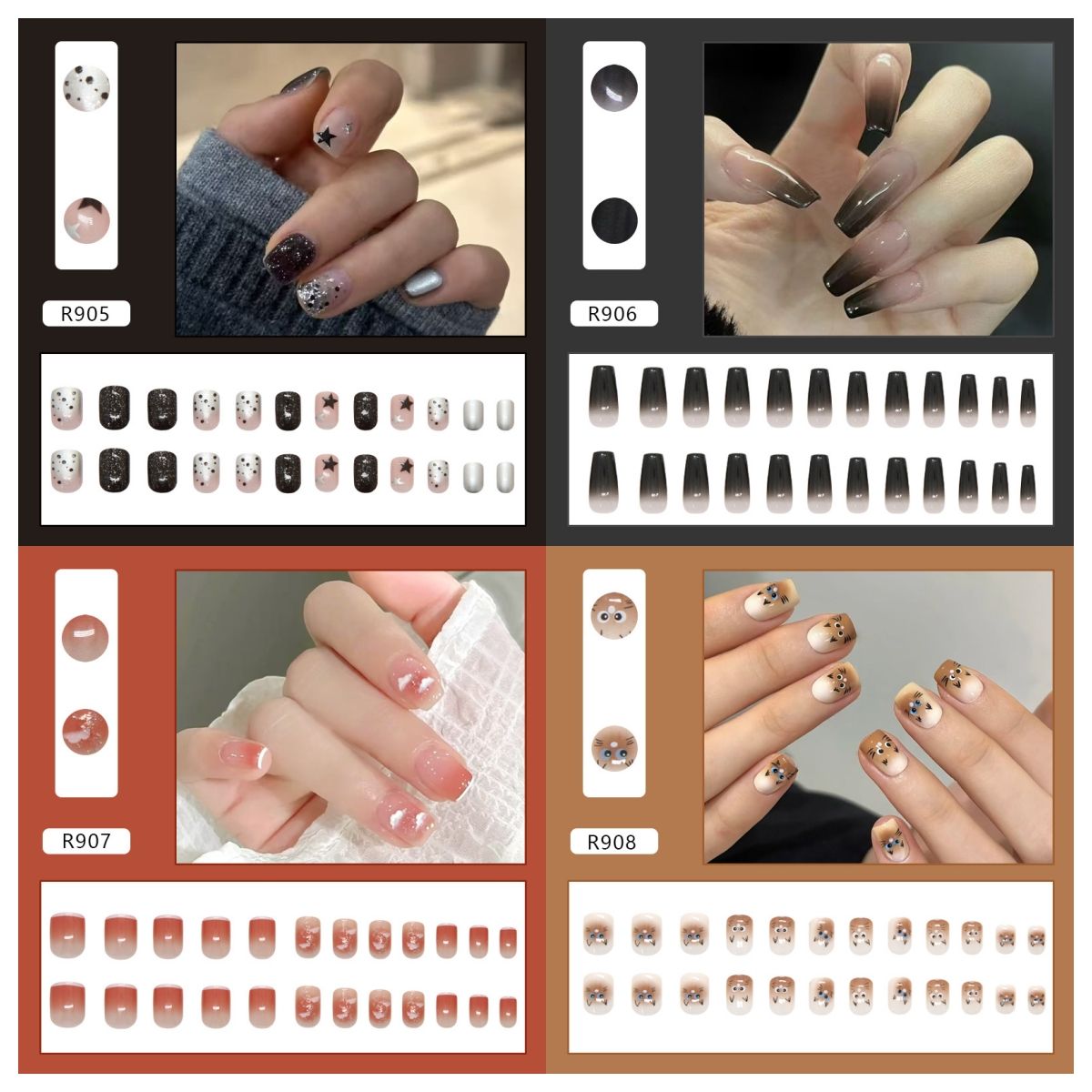 Ms.Miemie 24pcs Fake Nails Reusable Stick On Nails Press on Full Cover False Nail Tips with Jelly Stickers Makeup Accessorise