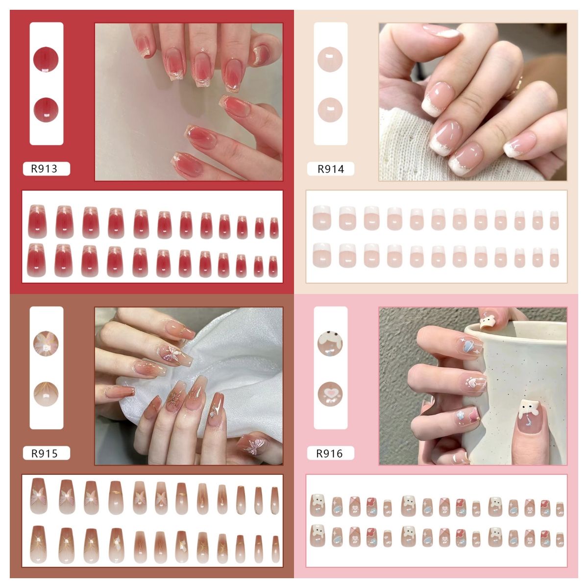 Ms.Miemie 24pcs Fake Nails Reusable Stick On Nails Press on Full Cover False Nail Tips with Jelly Stickers Makeup Accessorise