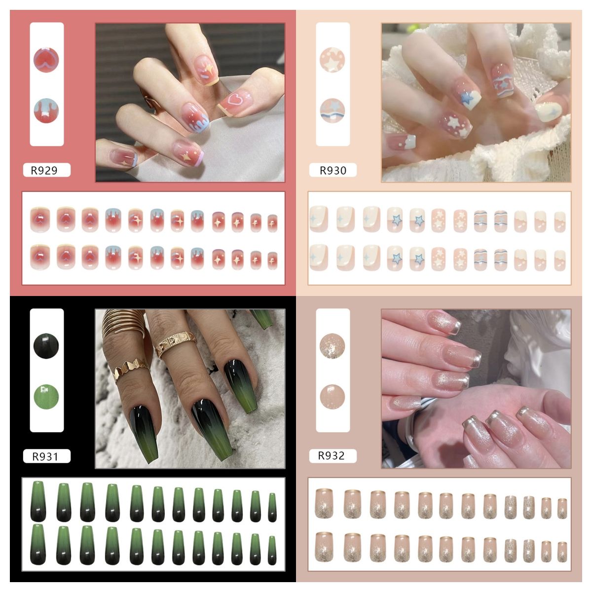 Ms.Miemie 24pcs Fake Nails Reusable Stick On Nails Press on Full Cover False Nail Tips with Jelly Stickers Makeup Accessorise