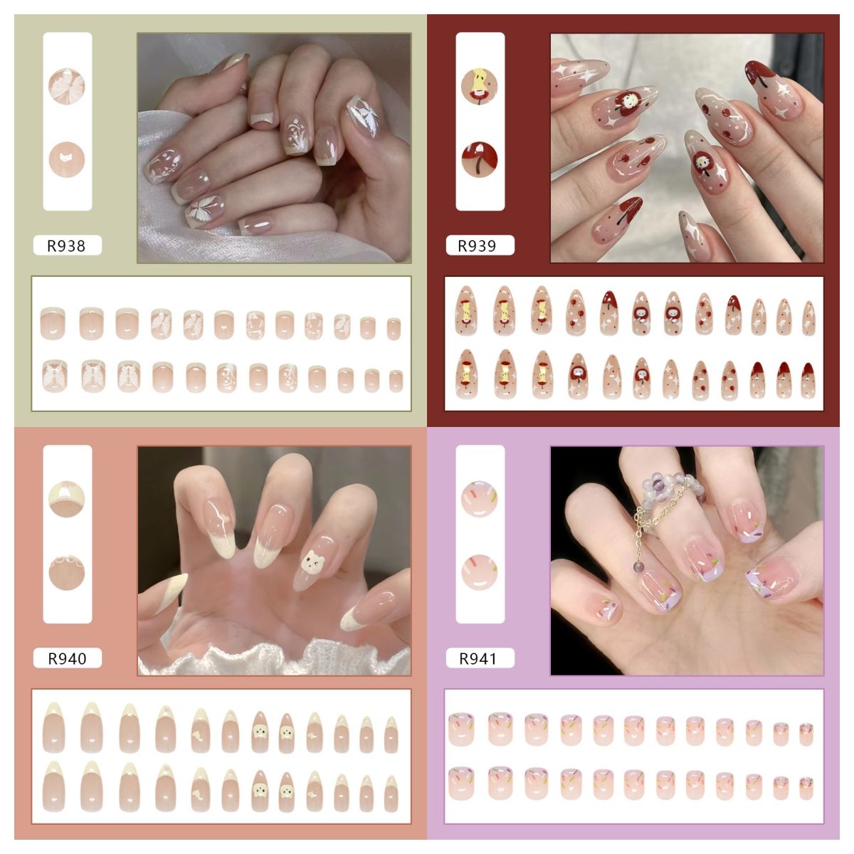 Ms.Miemie 24pcs Fake Nails Reusable Stick On Nails Press on Full Cover False Nail Tips with Jelly Stickers Makeup Accessorise