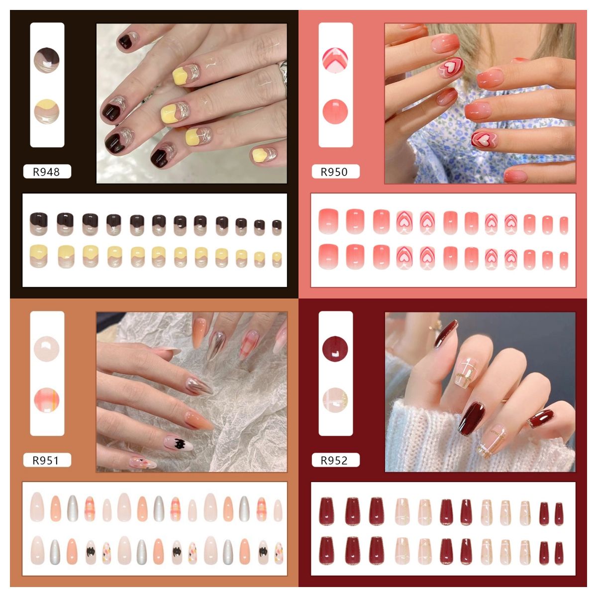 Ms.Miemie 24pcs Fake Nails Reusable Stick On Nails Press on Full Cover False Nail Tips with Jelly Stickers Makeup Accessorise