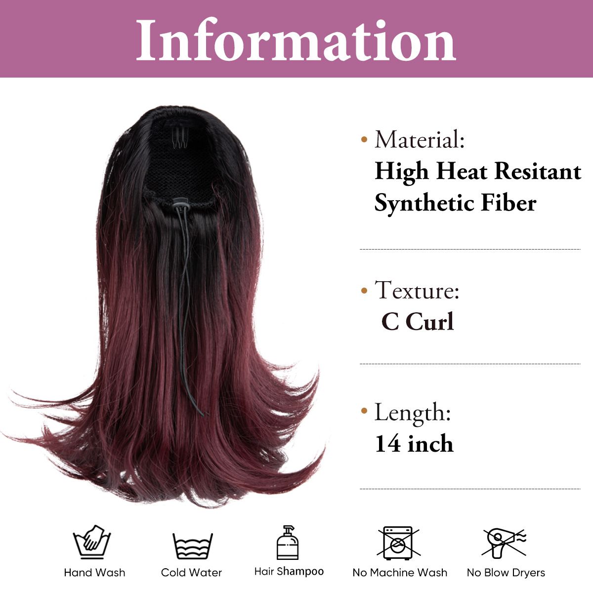 Long Black Wavy Drawstring Ponytail Synthetic Hair Extension for Women Female ponytail with slightly upturned short curly hair, drawstring ponytail, synthetic fiber, high-temperature silk, inner mesh