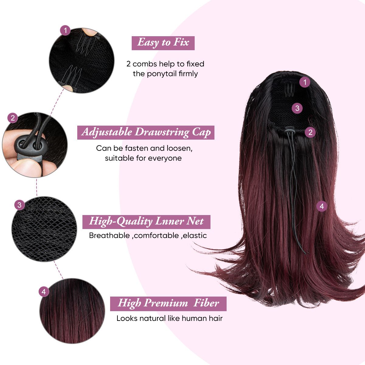 Long Black Wavy Drawstring Ponytail Synthetic Hair Extension for Women Female ponytail with slightly upturned short curly hair, drawstring ponytail, synthetic fiber, high-temperature silk, inner mesh