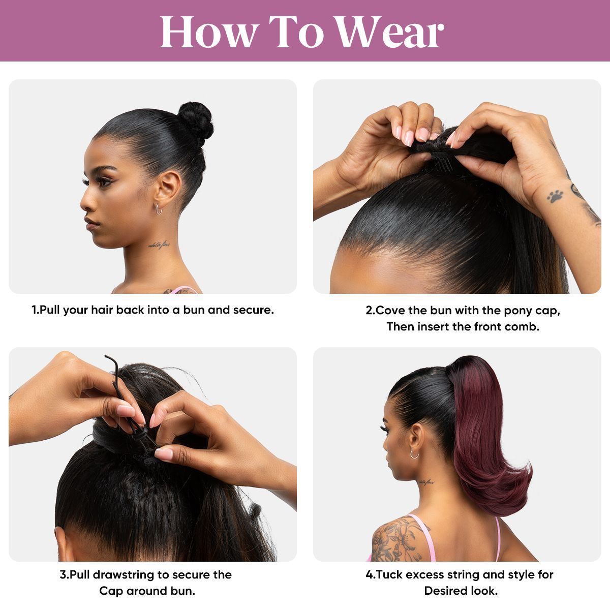 Long Black Wavy Drawstring Ponytail Synthetic Hair Extension for Women Female ponytail with slightly upturned short curly hair, drawstring ponytail, synthetic fiber, high-temperature silk, inner mesh