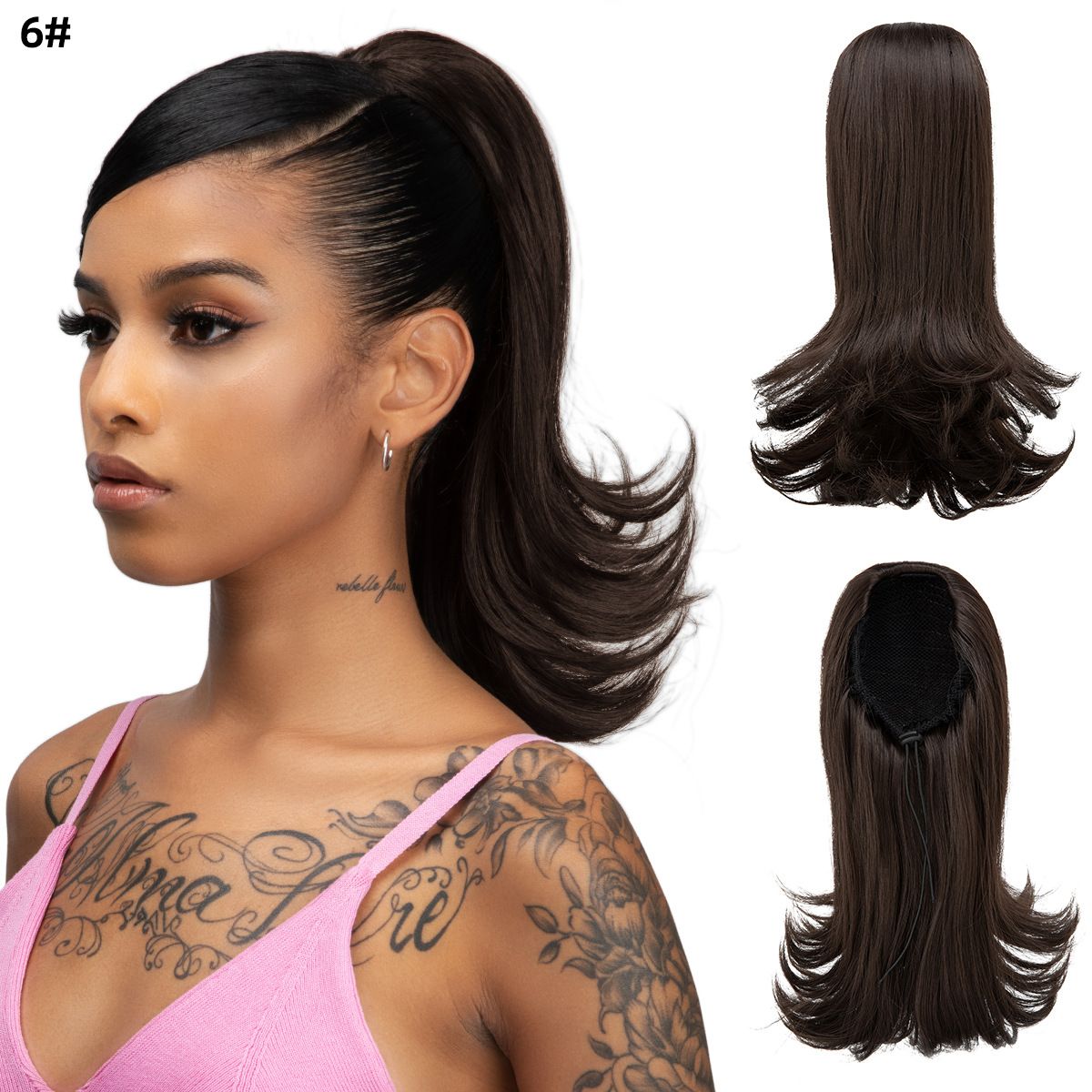 Long Black Wavy Drawstring Ponytail Synthetic Hair Extension for Women Female ponytail with slightly upturned short curly hair, drawstring ponytail, synthetic fiber, high-temperature silk, inner mesh