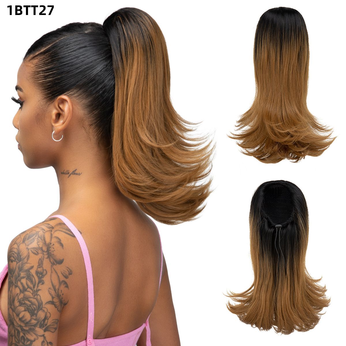 Long Black Wavy Drawstring Ponytail Synthetic Hair Extension for Women Female ponytail with slightly upturned short curly hair, drawstring ponytail, synthetic fiber, high-temperature silk, inner mesh