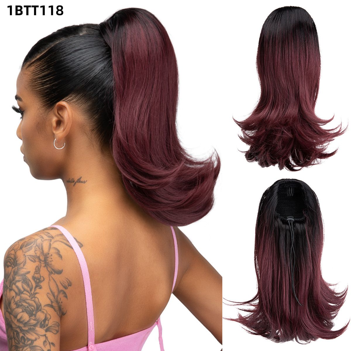 Long Black Wavy Drawstring Ponytail Synthetic Hair Extension for Women Female ponytail with slightly upturned short curly hair, drawstring ponytail, synthetic fiber, high-temperature silk, inner mesh