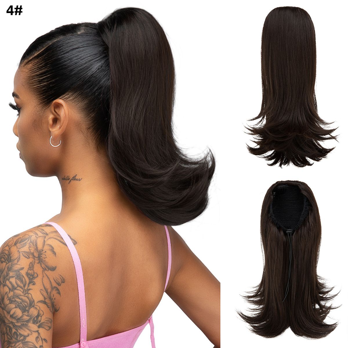Long Black Wavy Drawstring Ponytail Synthetic Hair Extension for Women Female ponytail with slightly upturned short curly hair, drawstring ponytail, synthetic fiber, high-temperature silk, inner mesh