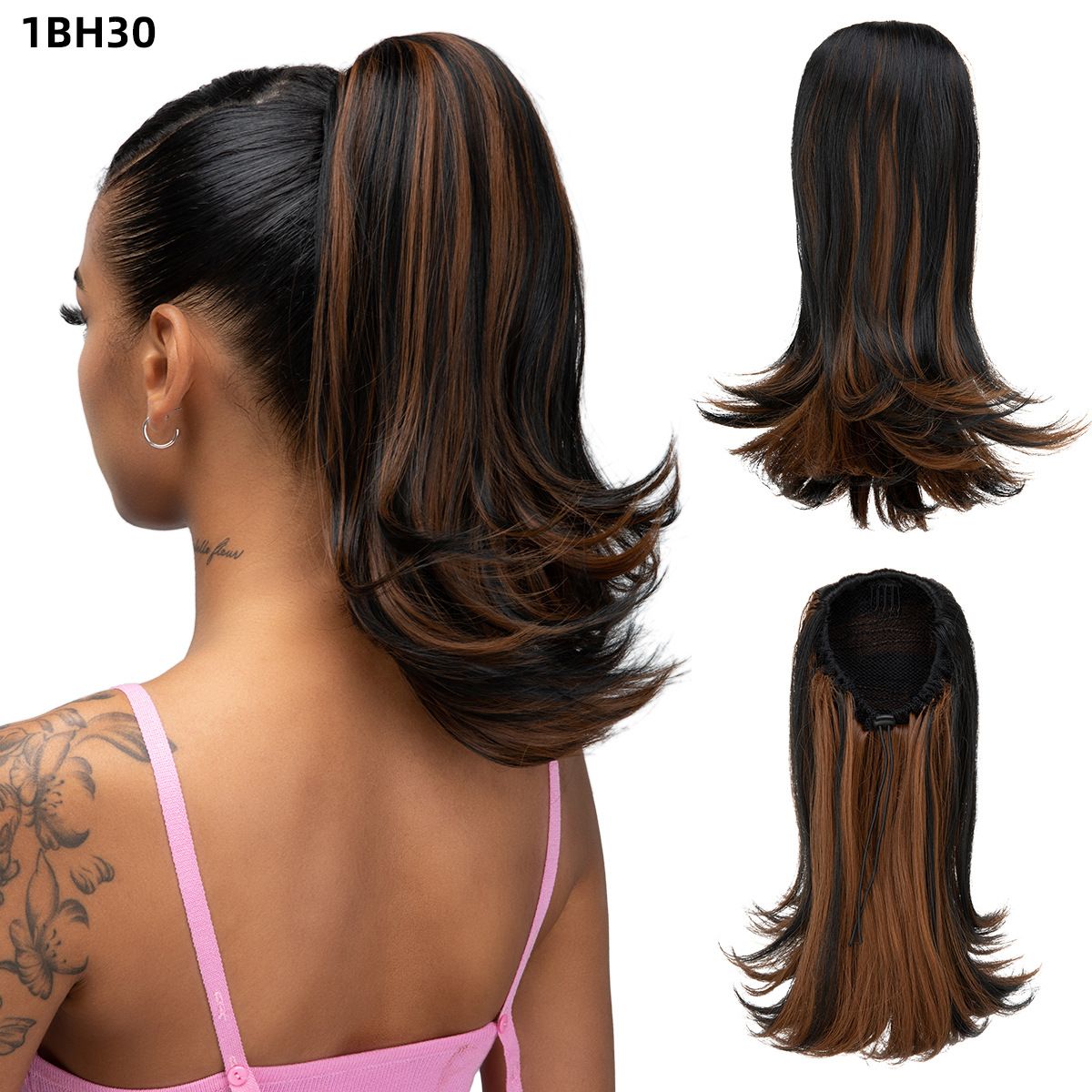 Long Black Wavy Drawstring Ponytail Synthetic Hair Extension for Women Female ponytail with slightly upturned short curly hair, drawstring ponytail, synthetic fiber, high-temperature silk, inner mesh