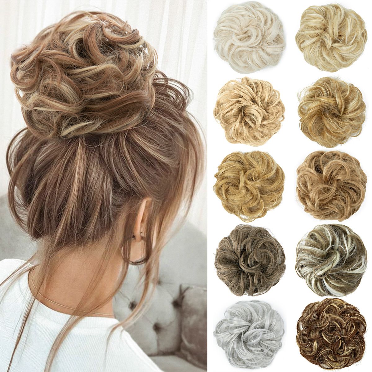 8ich Curly Messy Bun Hairpiece - Synthetic Hair Chignon Updo Extension for Women，female flower bud, meatball head, synthetic fiber, invisible, fluffy, natural long beard, wig, headband