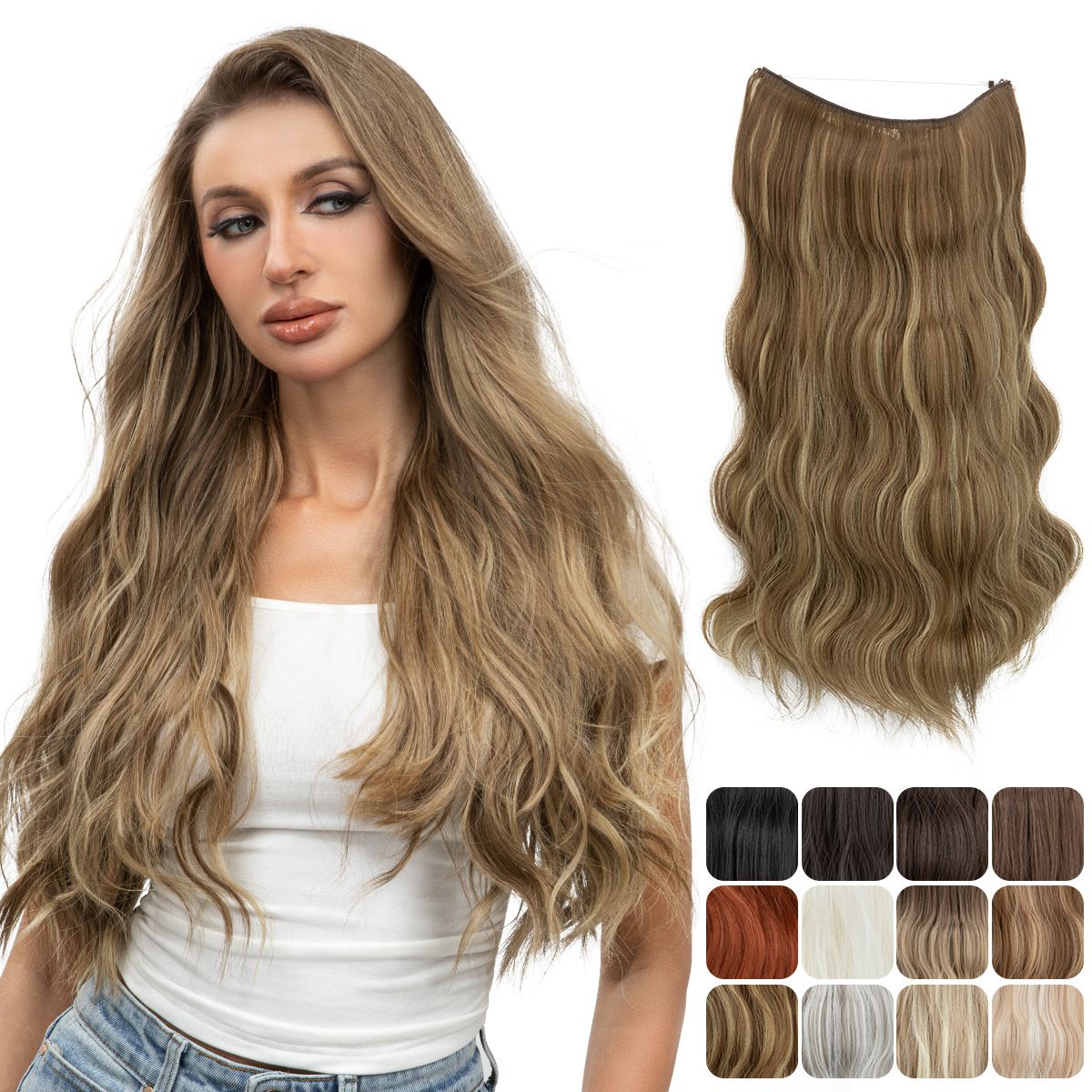 Women's One - Piece Hair Extension Synthetic Wig - Long Wavy Curly Hair Seamless Hairpiece for Fashionable Ladies
Fashion wig, female wig piece, one-piece hair piece, large wave long curly hair