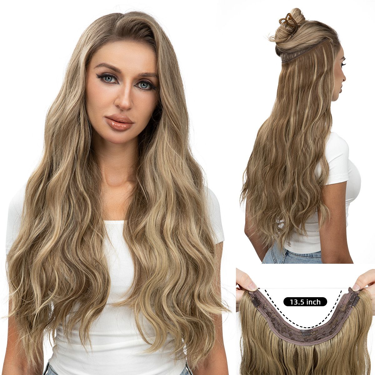 Women's One - Piece Hair Extension Synthetic Wig - Long Wavy Curly Hair Seamless Hairpiece for Fashionable Ladies
Fashion wig, female wig piece, one-piece hair piece, large wave long curly hair